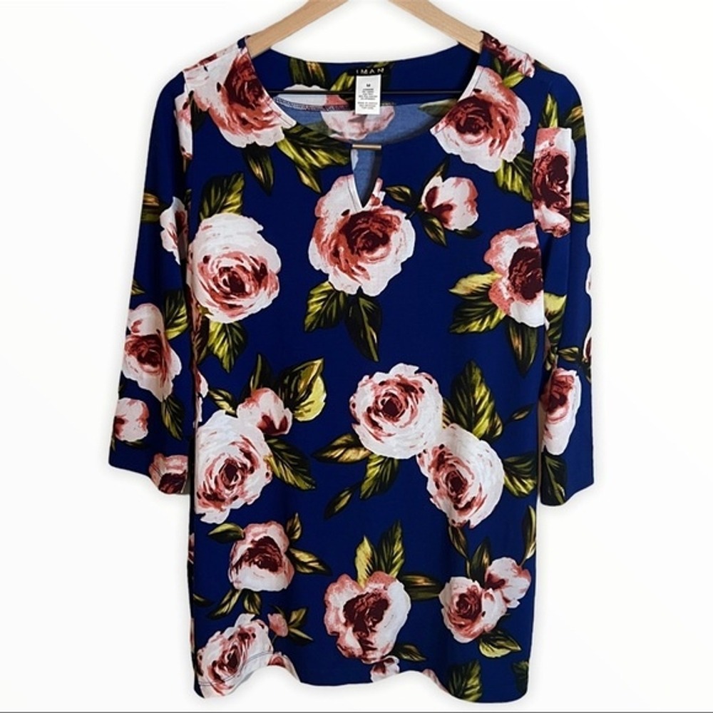 IMAN Womens M Tunic Top Navy Blue Floral Rose 3/4 Sleeve Gold Bar Split Neck